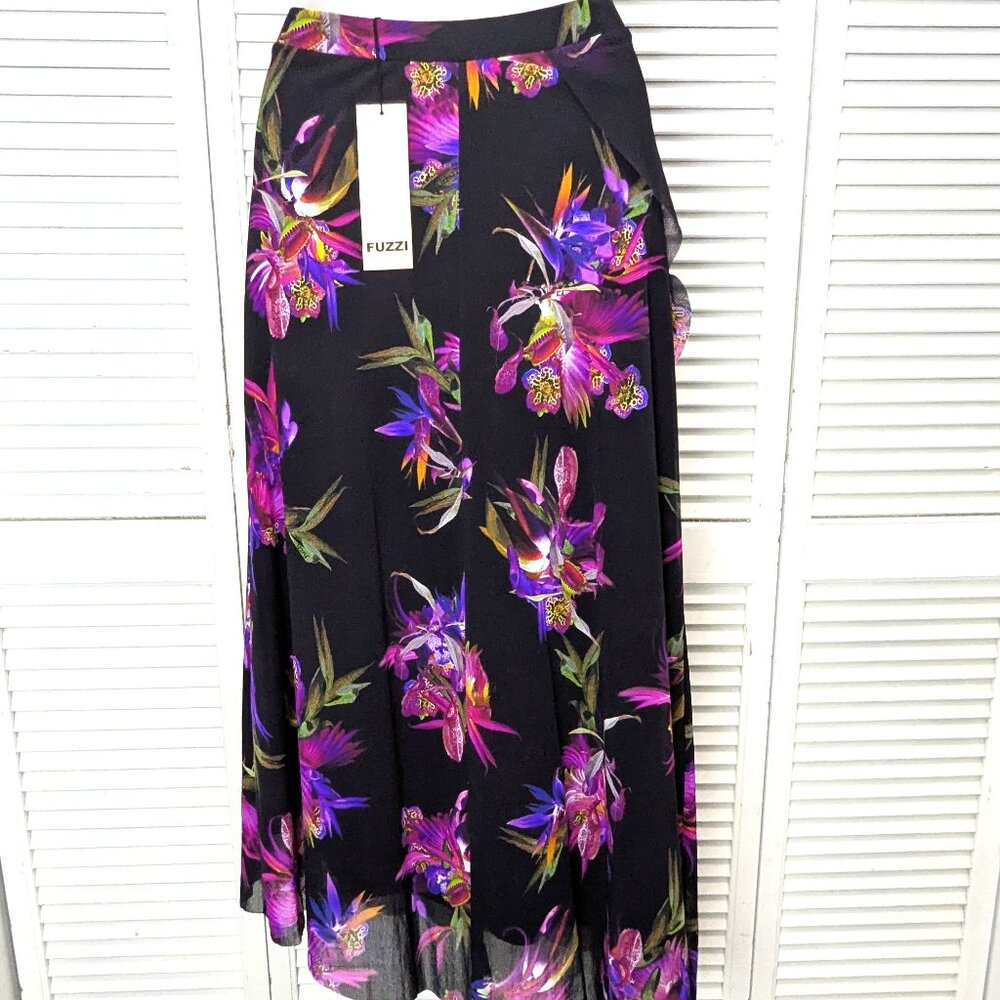 FUZZI Italy Black Floral Mesh Skirt NWT Small Pink Bird Paradise Ruffle Maxi